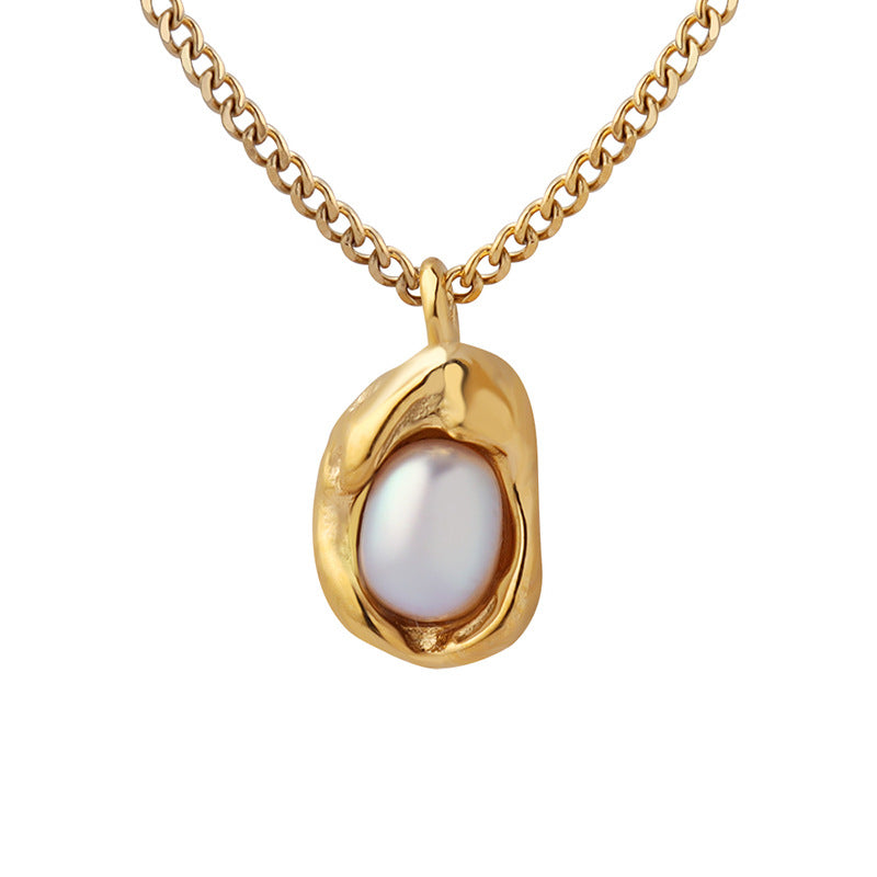 Wholesale Natural Freshwater Pearl Inlaid Shaped Pendant Titanium Steel Necklaces